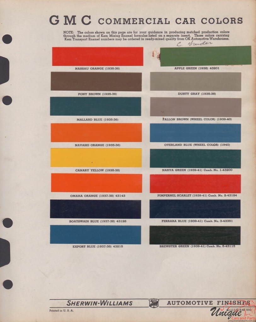 1941 GMC Paint Charts Williams 1